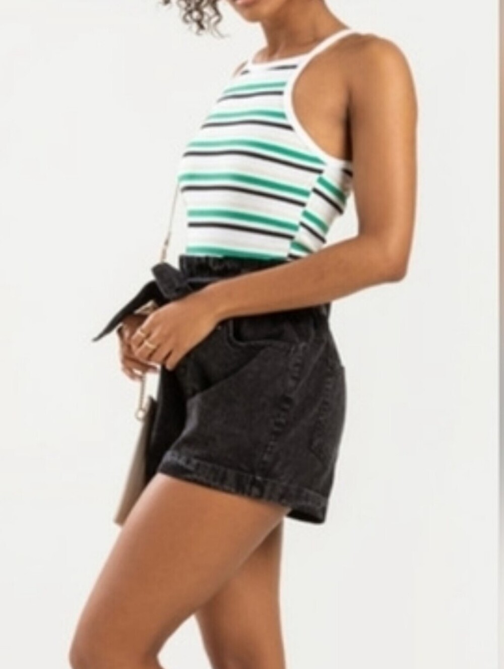Alya Striped Halter Neck Top - Green, Black, White